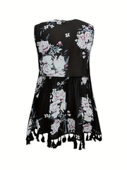 Boho Cover Up Women's Plus Floral Print Tassel Trim Cover Up