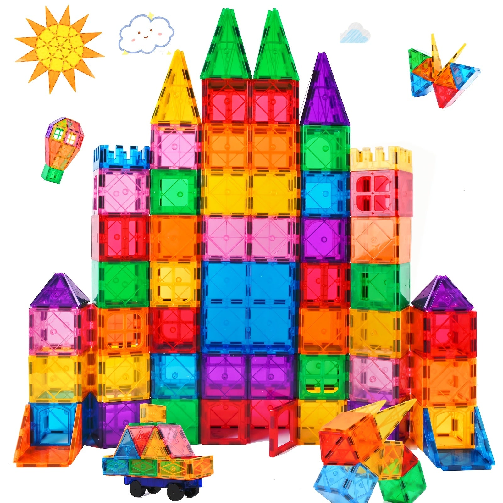 95pcs Magnetic Tiles Building Blocks 3D Playboards 2 Cars Toy
