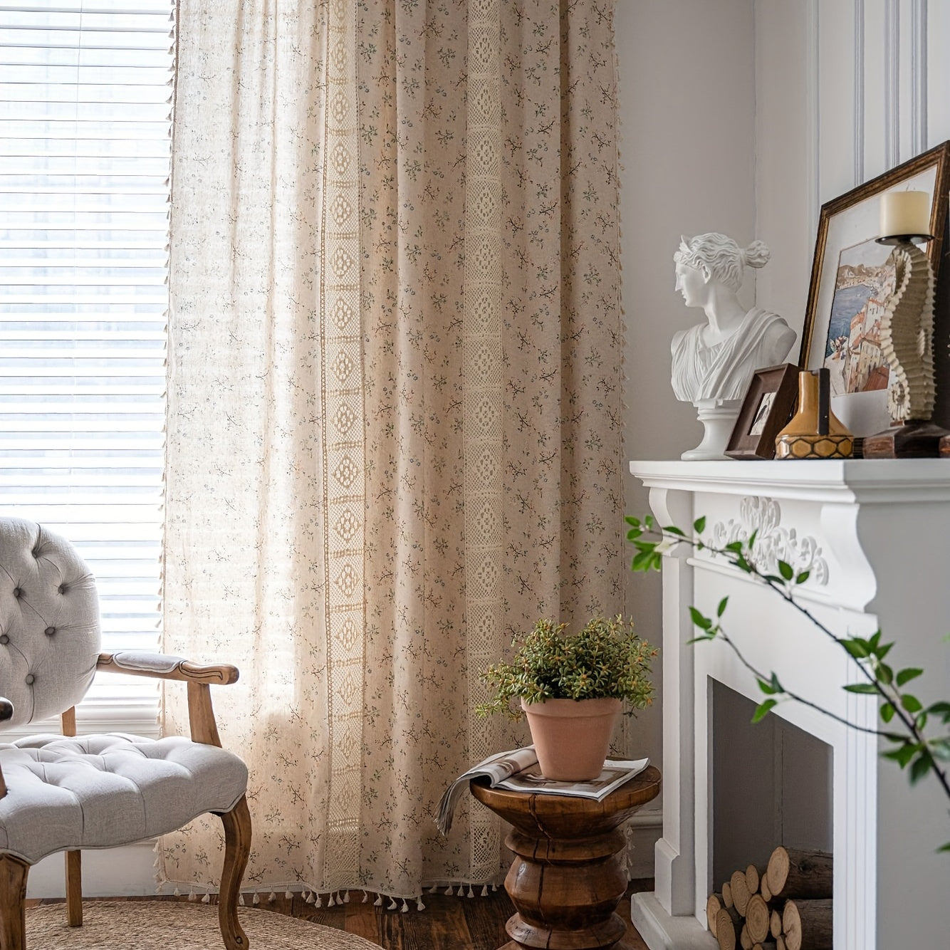 Floral Lace Patchwork Drapes Semi Sheer Boho Tassel Curtain Beige