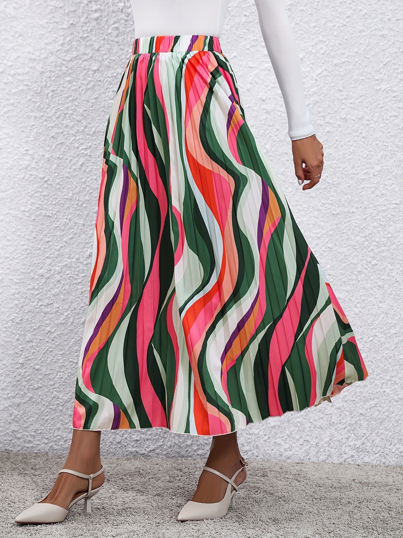 Abstract Print Pleated Maxi Skirt Women's Clothing