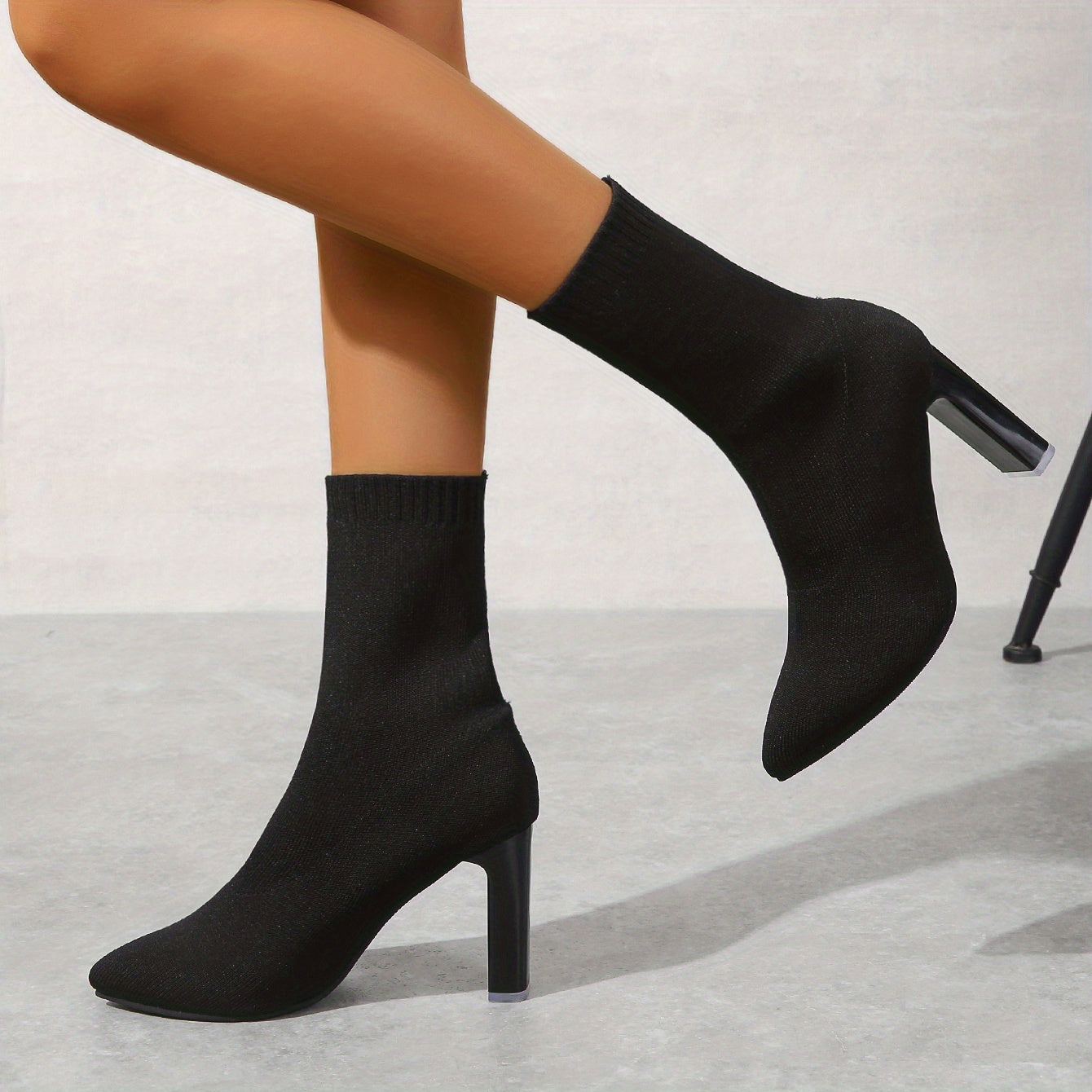 Women's Knit Block Heel Boots Point Toe Comfortable Dress Boots