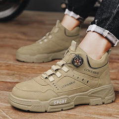 Men's Solid PU Leather Ankle Boots with Rotary Buckle