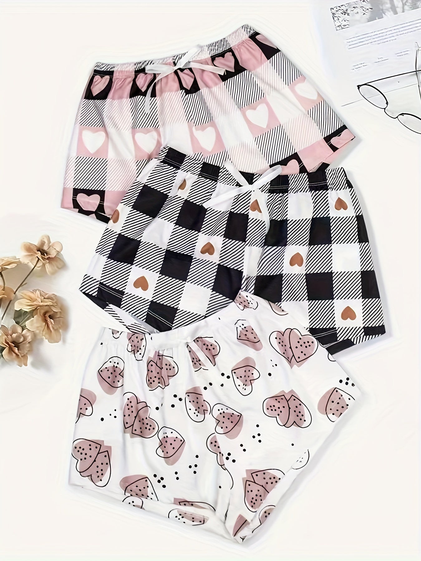 Heart Print Sleep Bottoms Comfy Bow Tie Shorts Women's Sleepwear