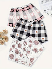 Heart Print Sleep Bottoms Comfy Bow Tie Shorts Women's Sleepwear