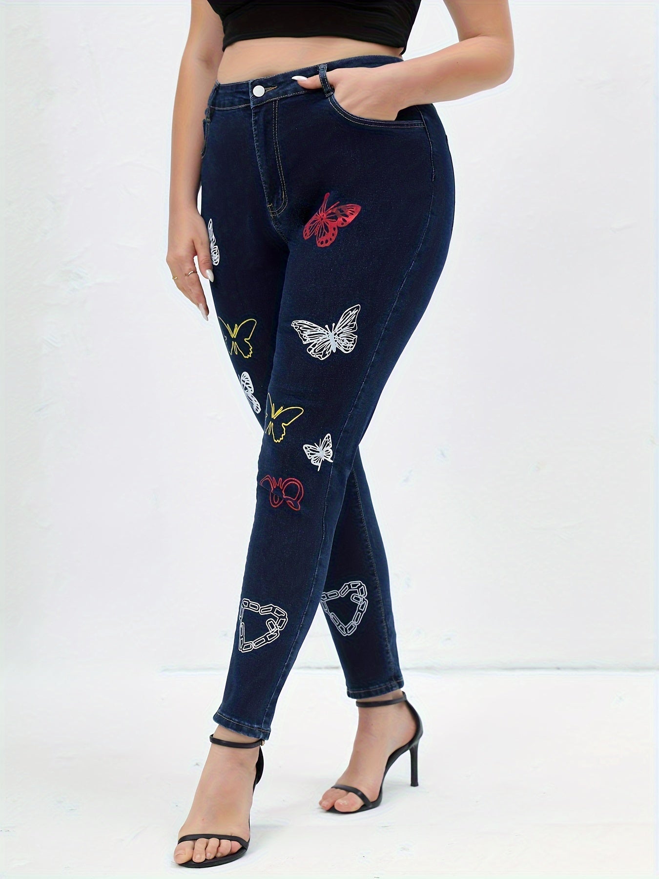 Butterfly Print High Rise Skinny Jeans