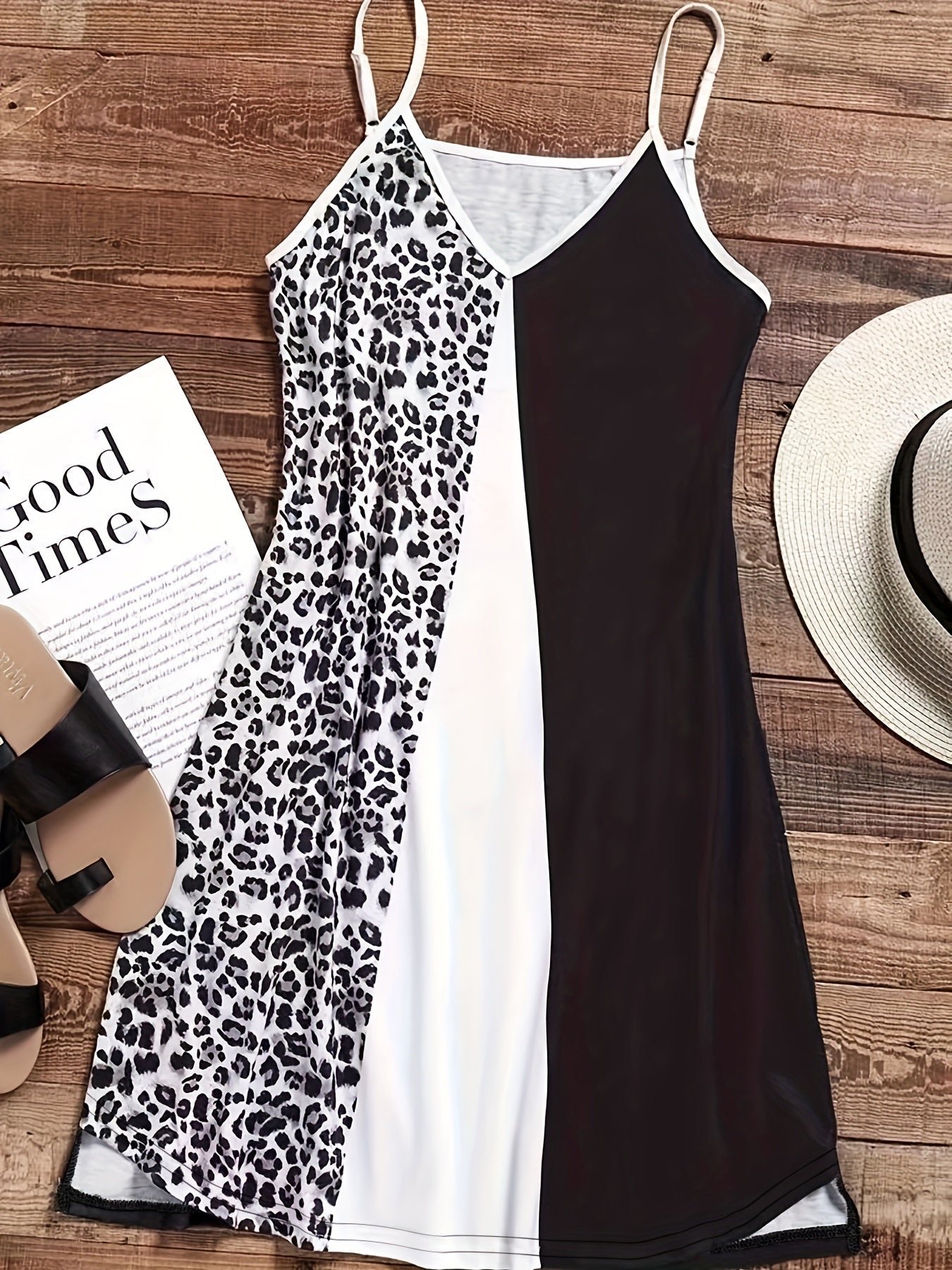 Leopard Stitching Slip Lounge Dresses V Neck Colorblock Home Dress