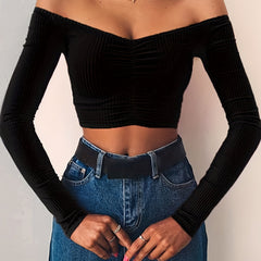 Off Shoulder Long Sleeve Short Sweater Sexy Crop Top