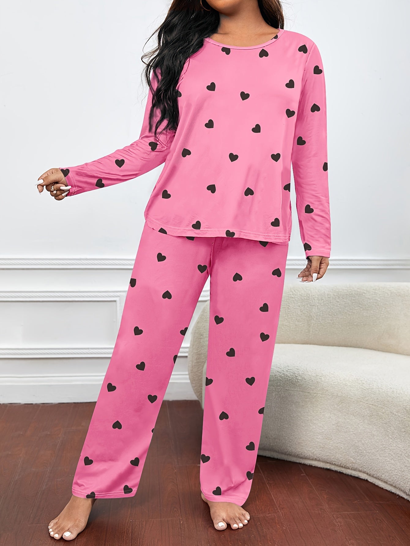 Heart Print Long Sleeve Tee & Pants Lounge 2 Piece Set