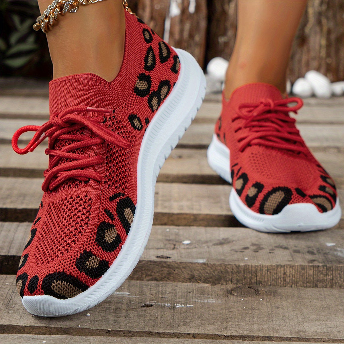 Leopard Printed Knit Sneakers Lace Up Round Toe Soft Sole Flatform Shoes