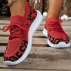 Leopard Printed Knit Sneakers Lace Up Round Toe Soft Sole Flatform Shoes