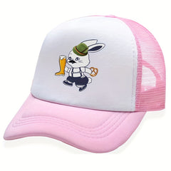 Beer Rabbit Print Baseball Cap Kpop Pink Block Trucker Hat Mesh Sunshade Dad Hat