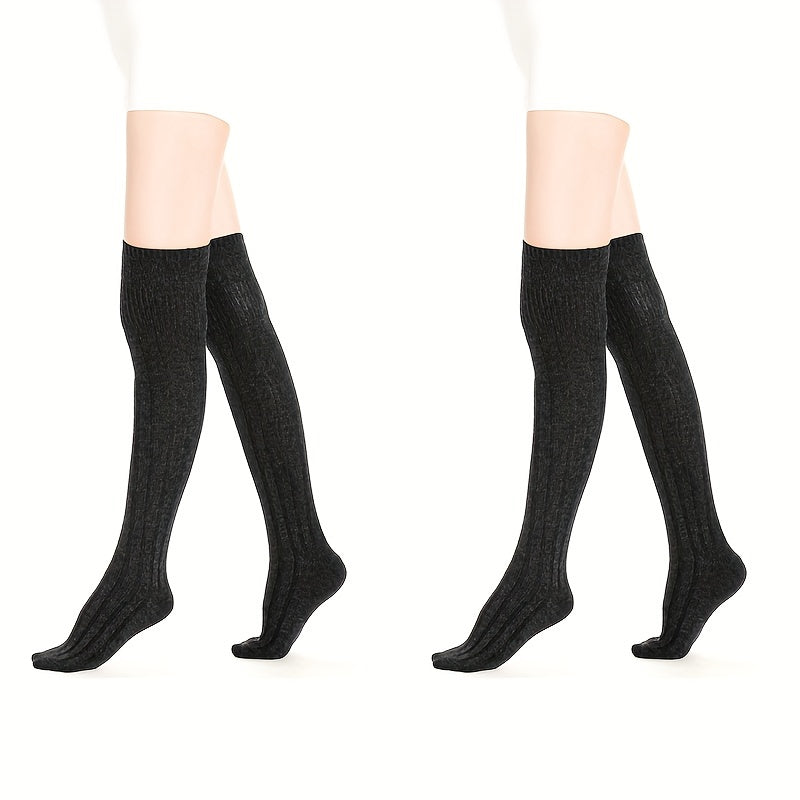 2 Pairs Solid Thigh High Socks Women's Stockings