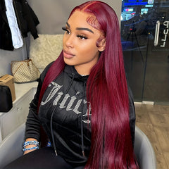 Burgundy 13x4 Transparent Straight Lace Front Wigs Human Hair 150 Density