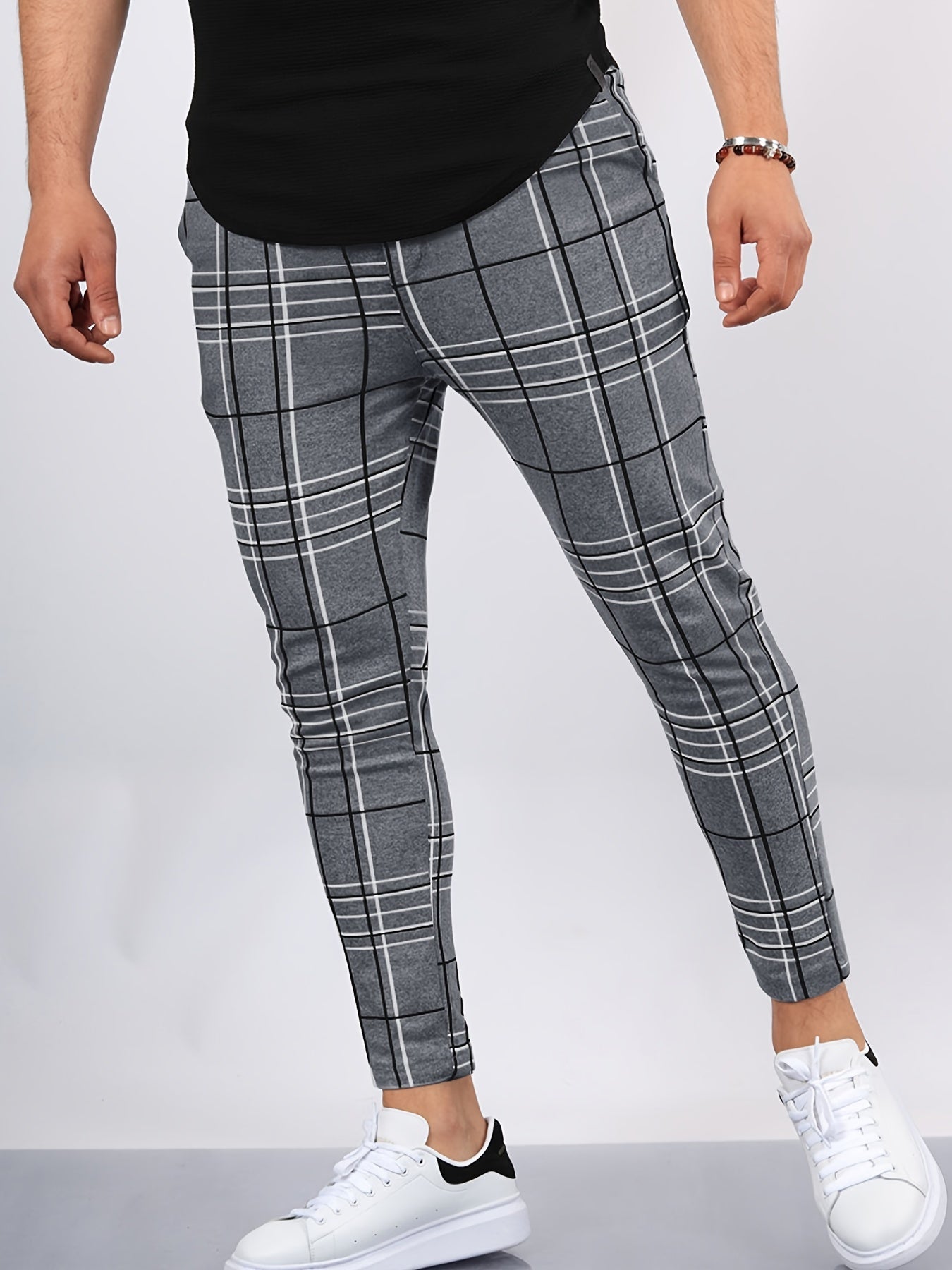 Men's Plaid Print Slim Fit Pants for Autumn/Spring