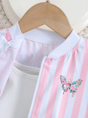 Girls Sleeveless Crop Tank Top Pants Striped Butterfly Jacket Set
