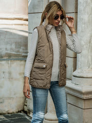 Solid Zip Up Vest Stand Collar Sleeveless Vest With Pockets