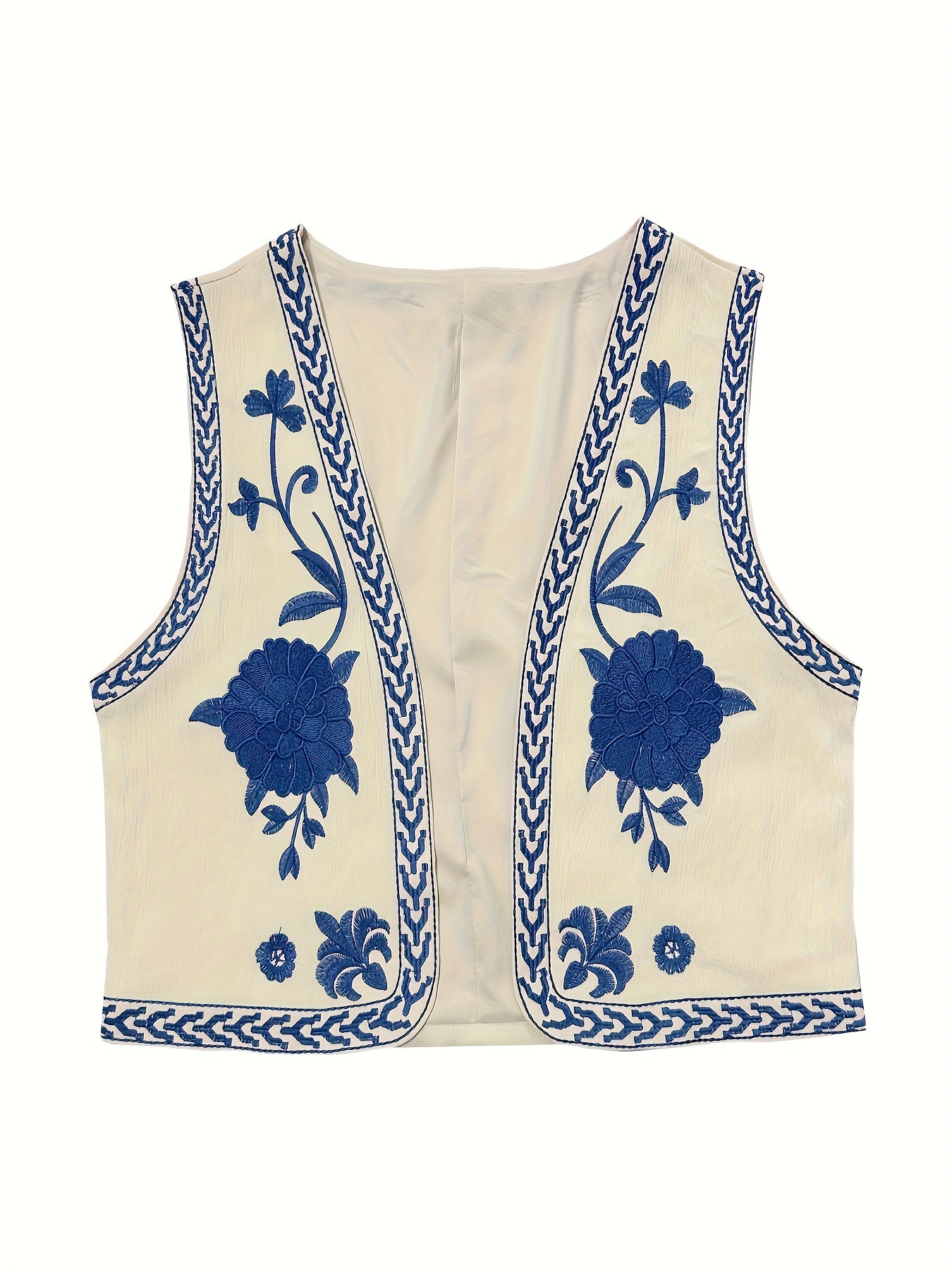 Flower Embroidered Open Front Vest Sleeveless Vest