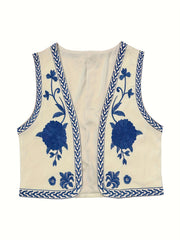 Flower Embroidered Open Front Vest Sleeveless Vest
