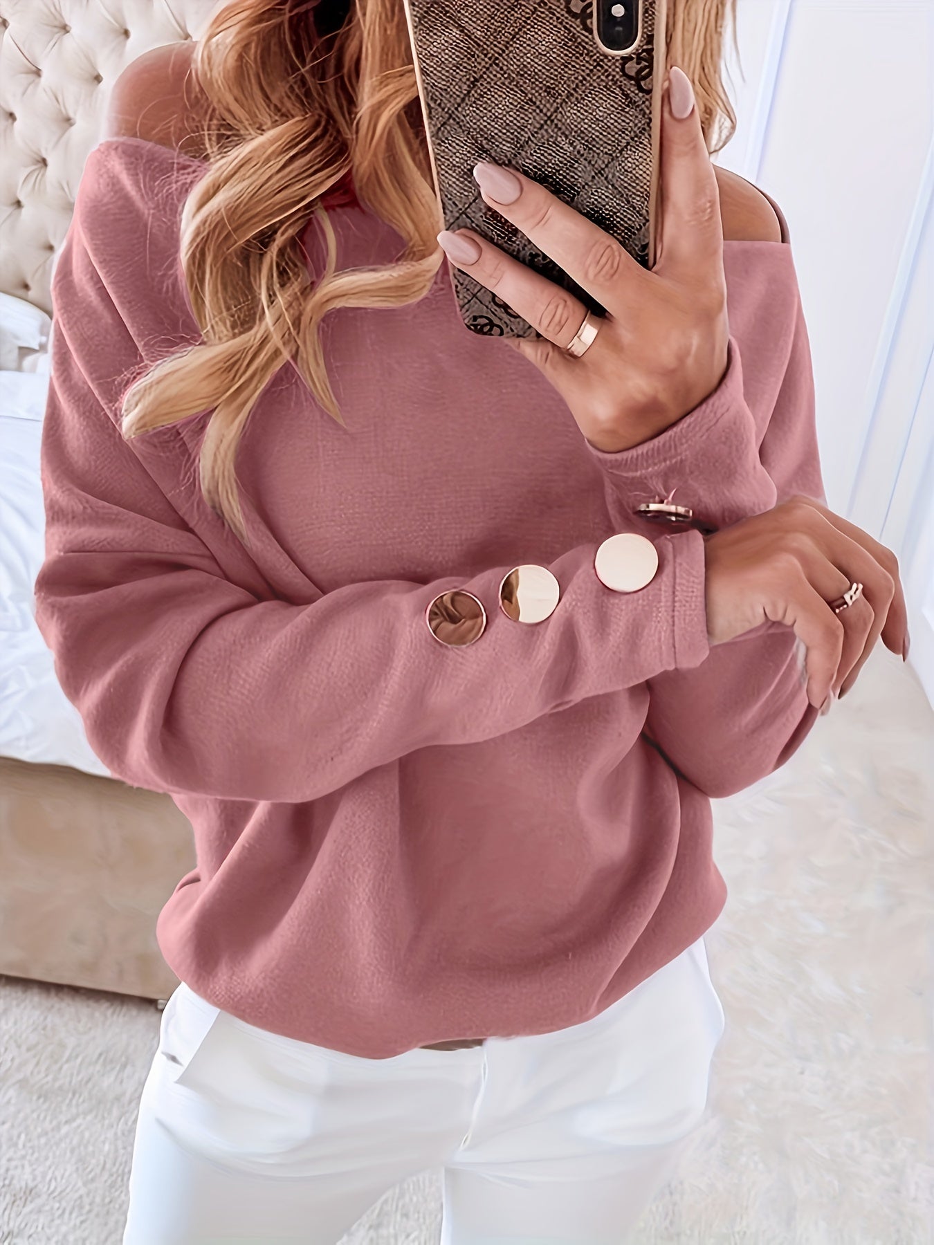 Off Shoulder Pullover Sweater Long Sleeve Button Sweater Women's