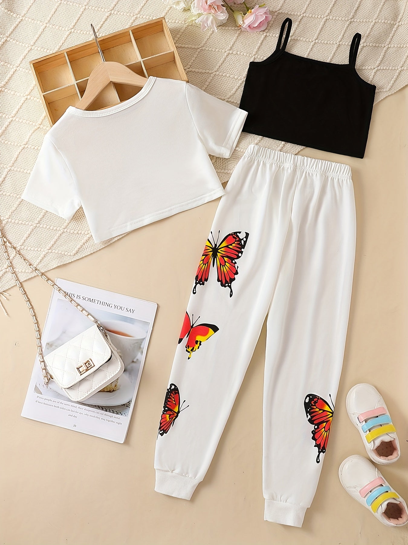 Girls 3pcs Casual Suit T Shirt & Camisole & Pants Set Kids Sports Leisure