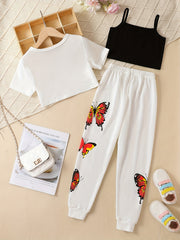 Girls 3pcs Casual Suit T Shirt & Camisole & Pants Set Kids Sports Leisure