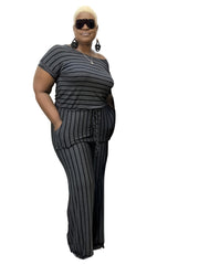 Striped Wide Leg Short Sleeve Jumpsuit Women's Plus Medium Stretch