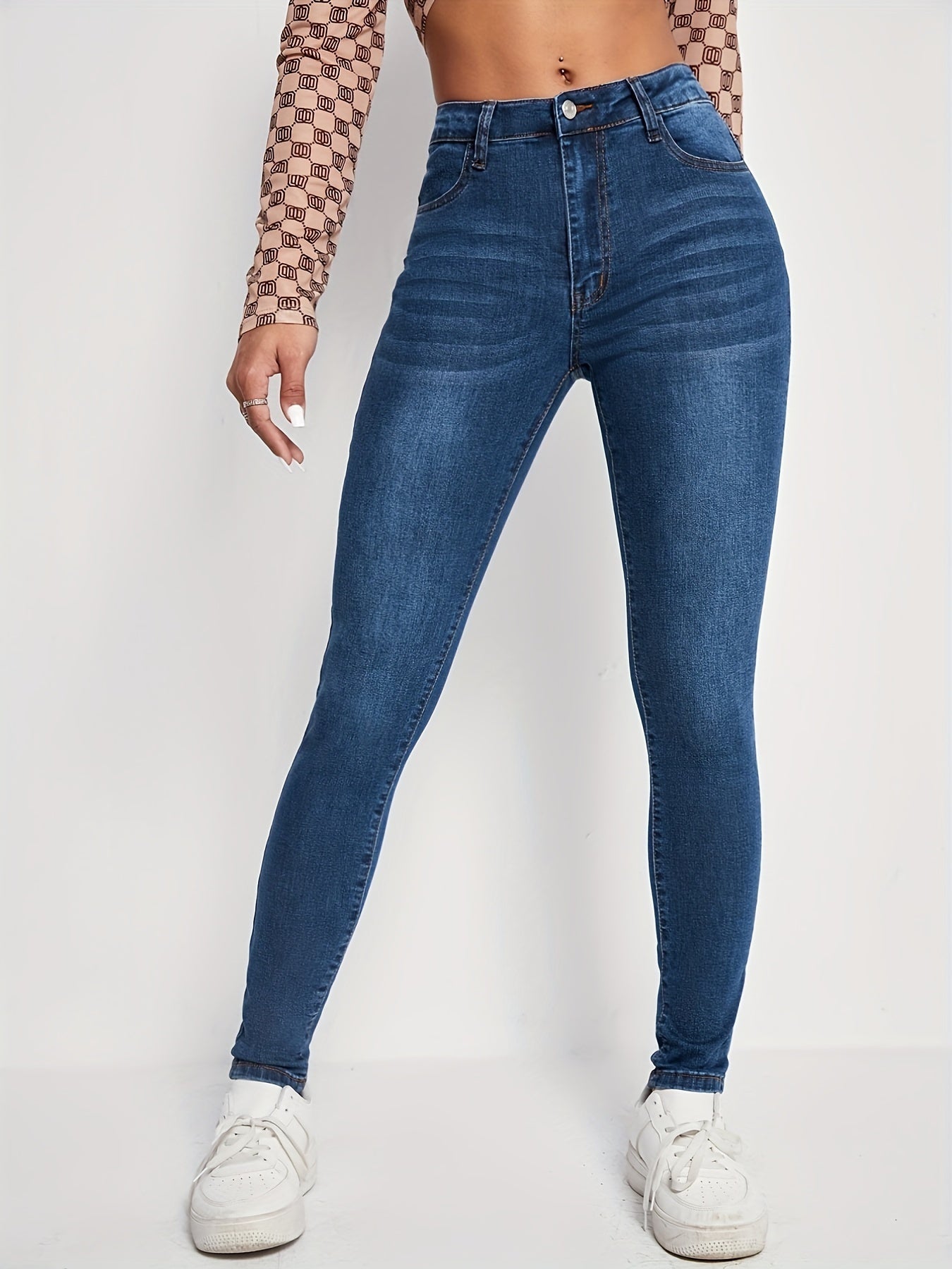 Whiskering Dark Wash Skinny Jeans Water Ripple Embossed Denim Pants