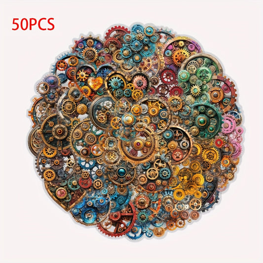50pcs Steampunk Gears Waterproof Stickers Intricate Mechanical Self Adhesive