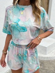 Paisley Print Two Piece Set Short Sleeve T shirt & Elastic Shorts Outfit