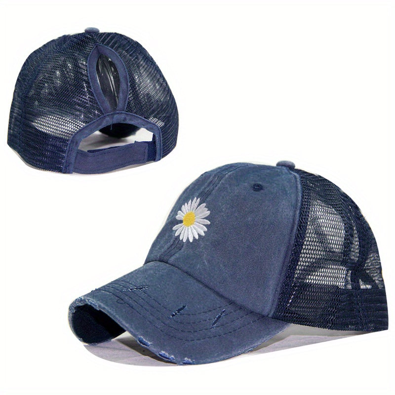 Daisy Embroidered Ponytail Trucker Hat Ripped Washed Distressed Baseball Cap