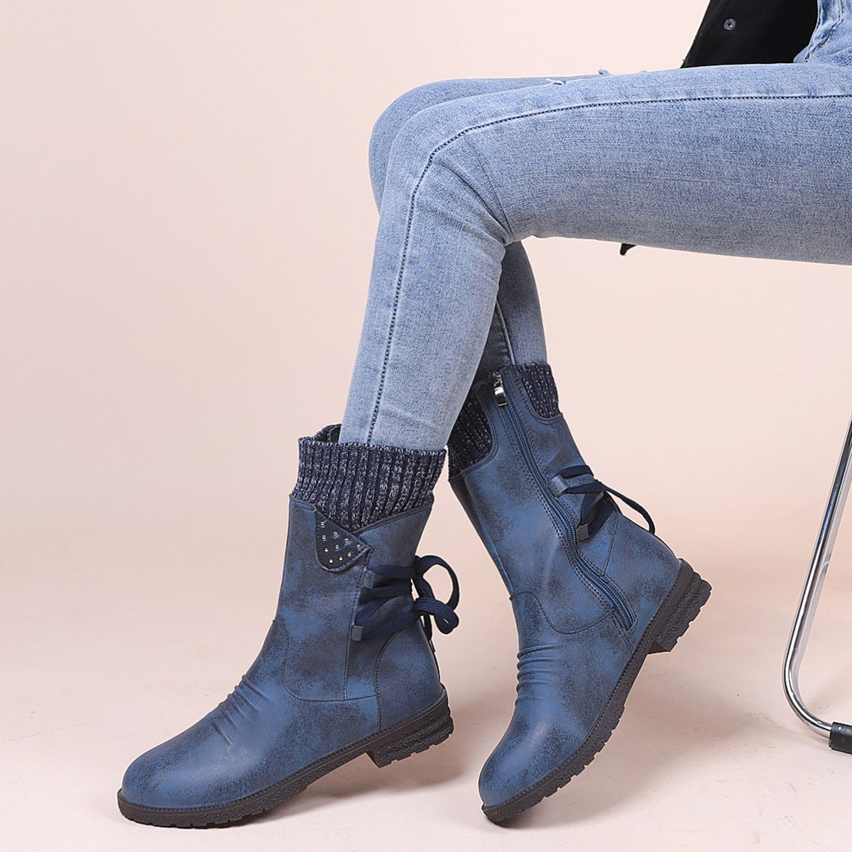 Knitted & Faux Leather Panel Boots Tie Back Side Zip Boots