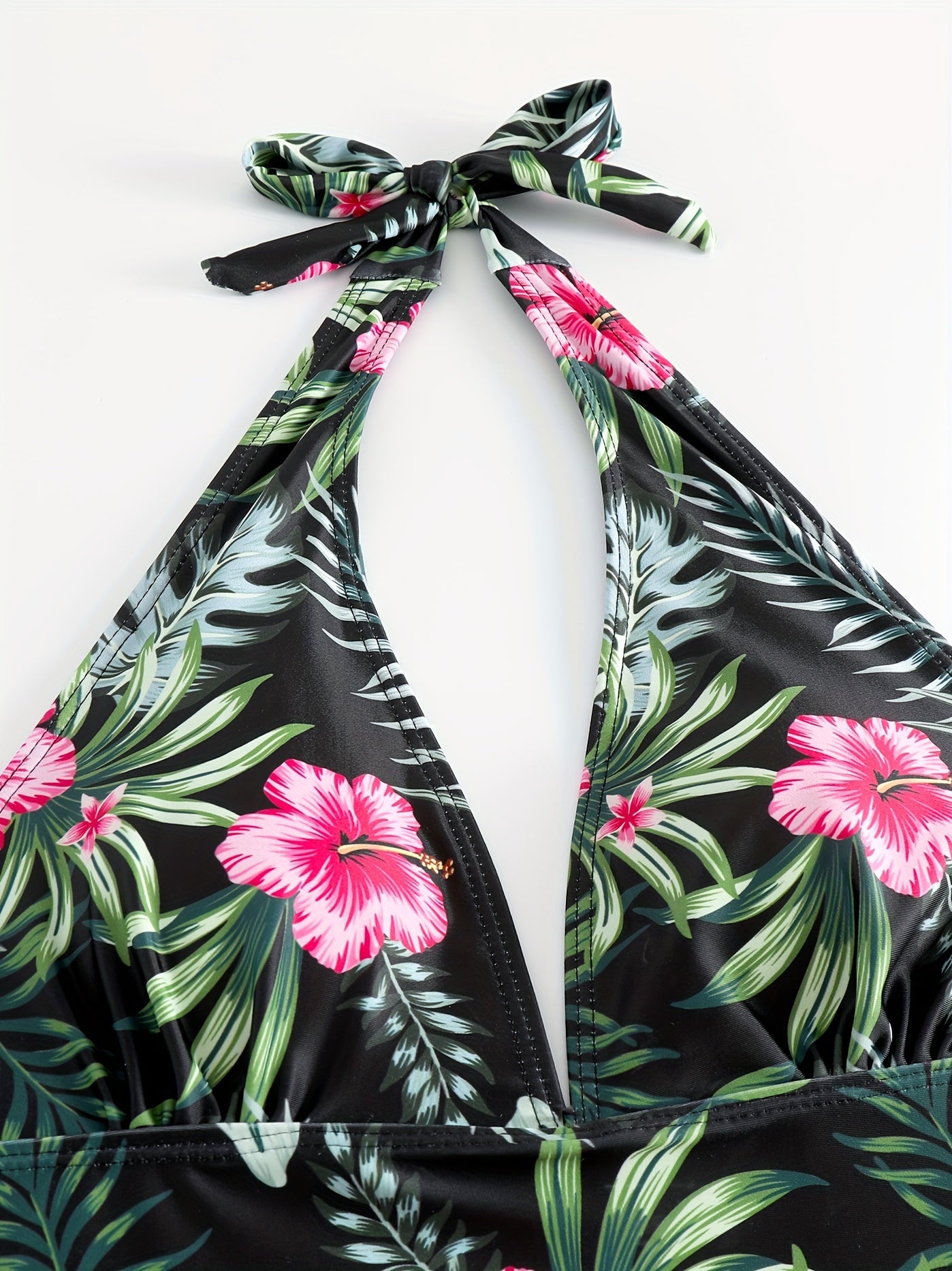 Tropical Print Halter Tankini Set High Cut Swimsuit