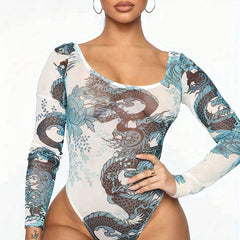 Dragon Print Sexy Bodysuit Long Sleeve Random Print Casual Bodysuit