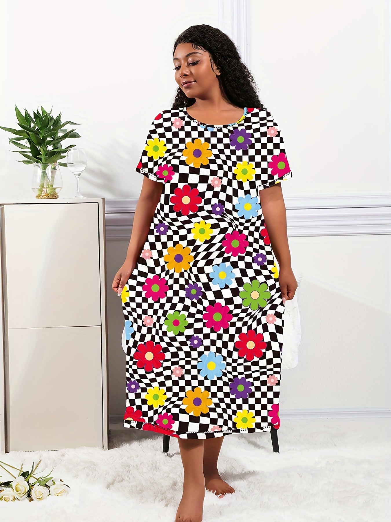 Checkered & Floral Print Tee Nightdress