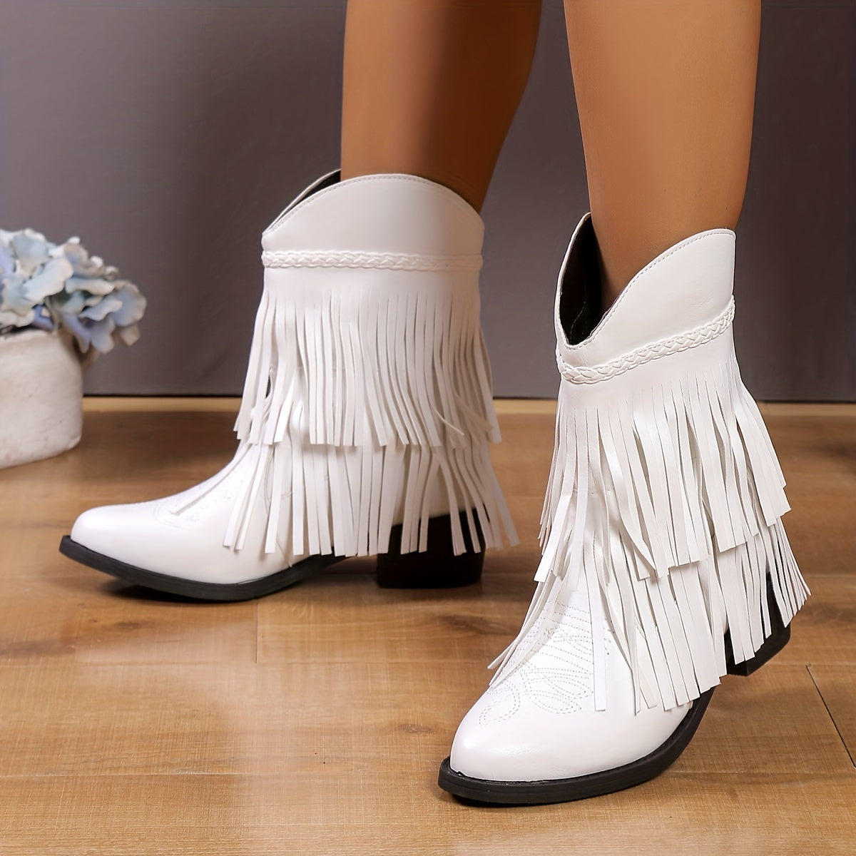 Women's Tassel Short Boots Pointed Toe Embroidered V cut Slip On Western Boots