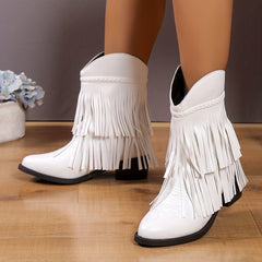 Women's Tassel Short Boots Pointed Toe Embroidered V cut Slip On Western Boots