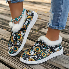 Women's Cow & Floral Print Slip-On Flat Fleece Lining Winter Shoes