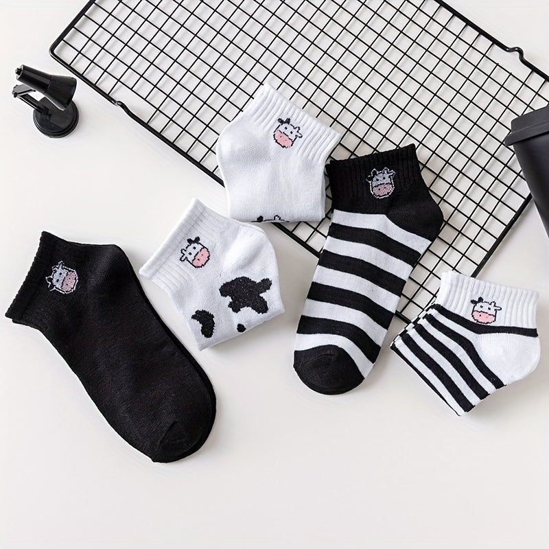5Pairs Girls Cartoon Cow Print Cotton Blend Ankle Socks for Spring