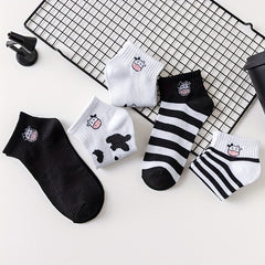 5Pairs Girls Cartoon Cow Print Cotton Blend Ankle Socks for Spring