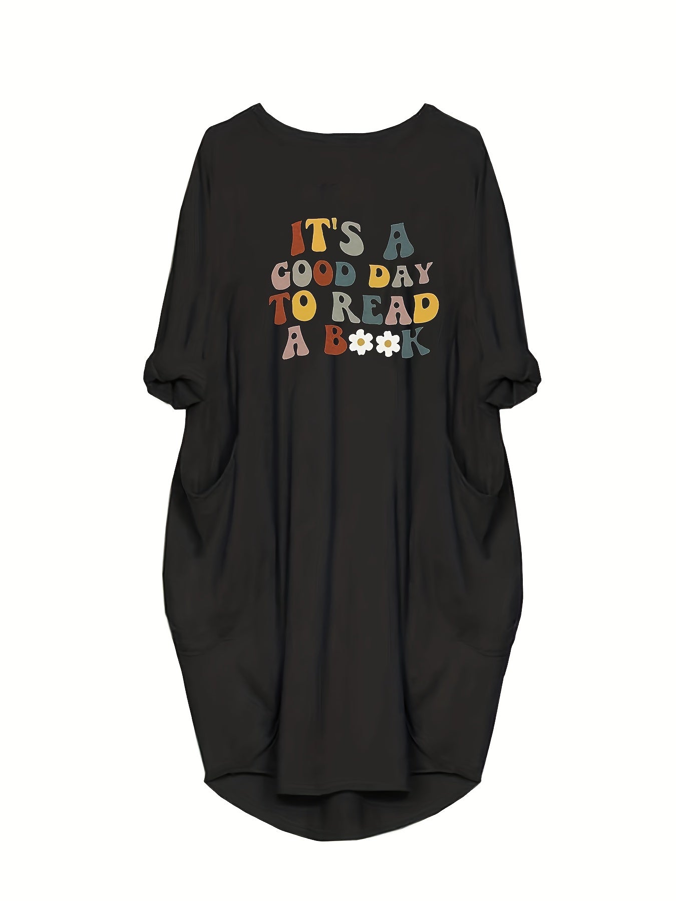 Women's Plus Daisy Slogan Print Long Sleeve Baggy Dress