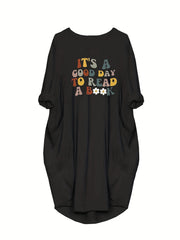 Women's Plus Daisy Slogan Print Long Sleeve Baggy Dress