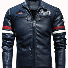 Men's Embroidery Cycling Jacket Casual Stand Collar PU Leather Zip Up Jacket
