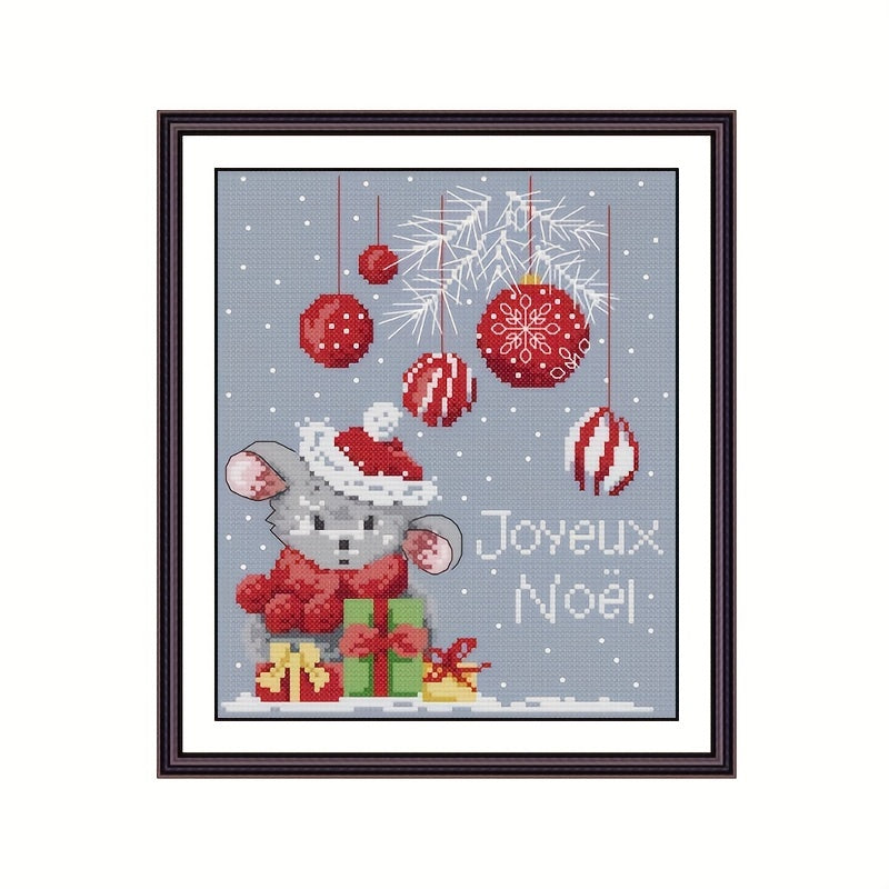 Christmas Mouse DIY Cross Stitch Kit w/ Embroidery Thread Needles Printed Cloth