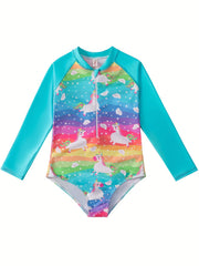 Pony Print Long Sleeve Girls' Swimsuit for Vacation