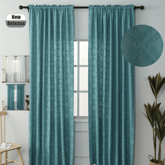 Boho Plaid Jacquard Tufted Rod Pocket Curtains Teal