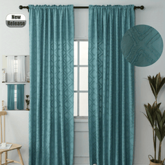 Boho Plaid Jacquard Tufted Rod Pocket Curtains Teal