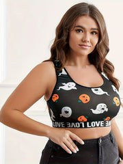 Halloween Sports Bra Womens Plus Pumpkin & Ghost Print Bralette