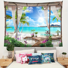 Seaside Window Scenery Tapestry Beach View Home Decor Dorm Room