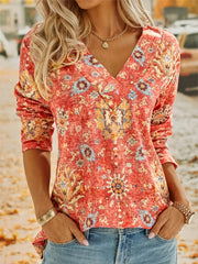 Floral Print V Neck Sweatshirt Long Sleeve Casual Top