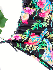 Plus Tropical Print Bikini Set Molded Cup Bra & Lace Up Side Shorts 2 Piece